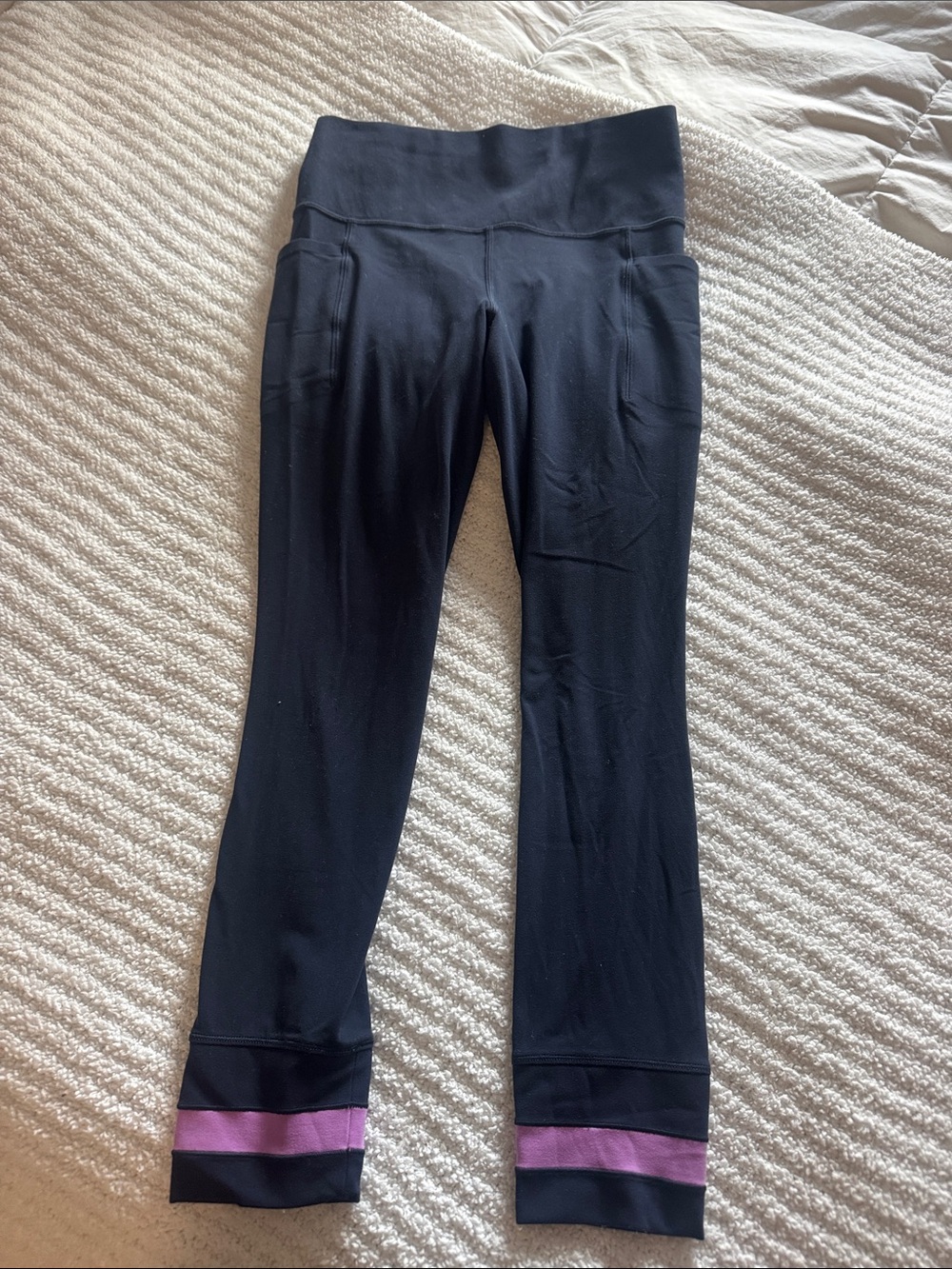 Navy Athletic Leggings with Magenta Stripe Accent - Picture 2 of 4